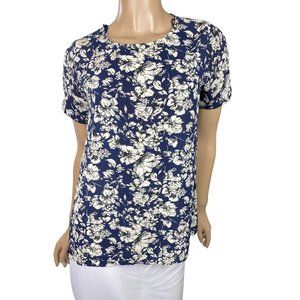 Sienna Sky Size S Tunic top Short Sleeves Navy & Creme White Flowers Asymmetric